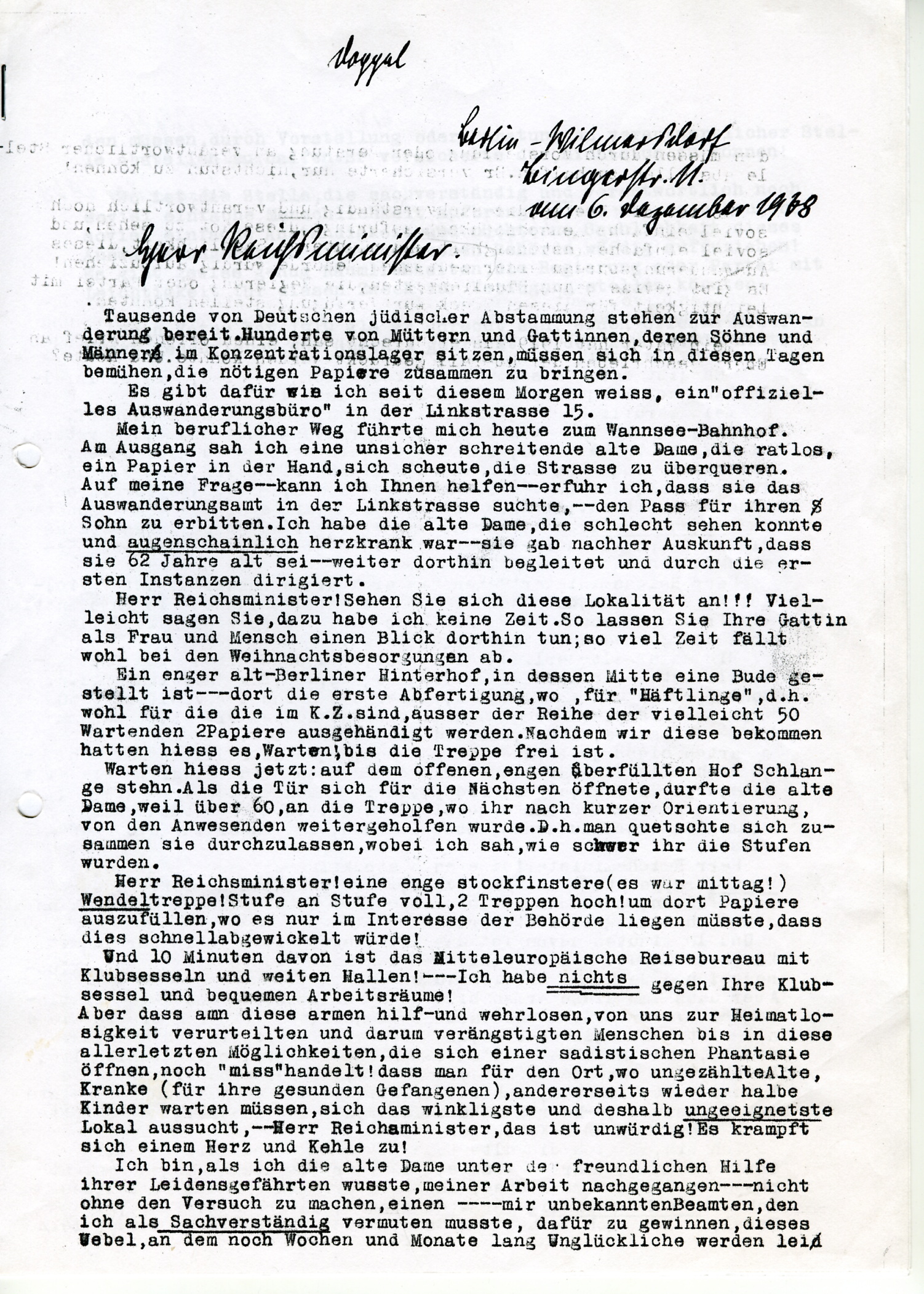 2-seitiger Brief an Reichsminister